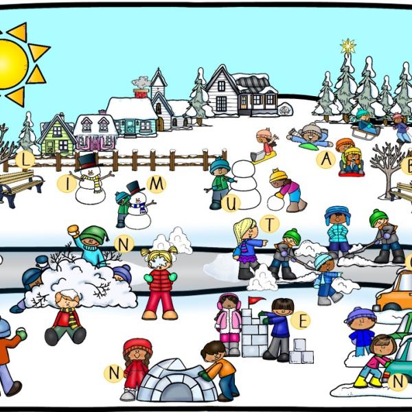 Eine verschneite Winterlandschaft. Kinder bauen ein Iglu, spielen im Schnee, fahren Schlitten und machen eine Schneeballschlacht. 